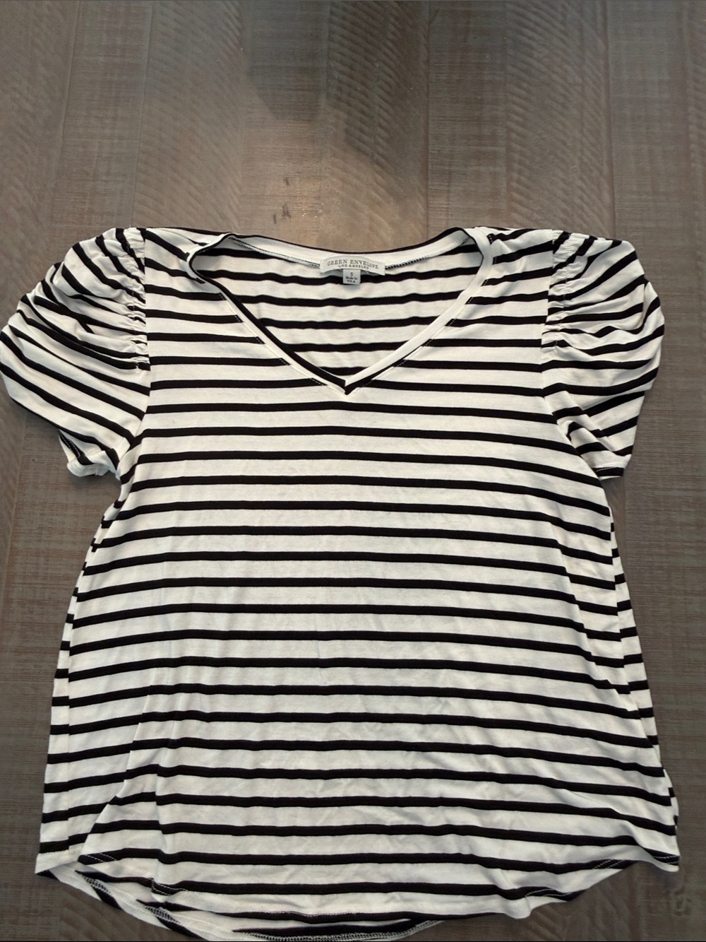 Green Envelope Black & White Striped V-Neck Puff Sleeve Top